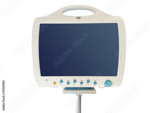 Isolated on white background of blank dark blue digital monitor or screen for medical and healthcare concept with free copy space and clipping path.