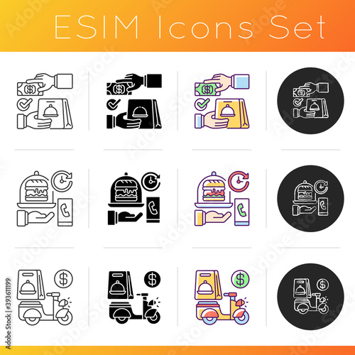 Delivering food to customer icons set. Cash on delivery. Delivery hours. Advance payment. Online ordering. Courier service. Linear, black and RGB color styles. Isolated vector illustrations