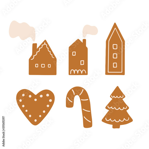 Set of hand drawn festive winter elements isolated on white background. Gingerbread cookies, gingerbread house. Collection of Christmas traditional cookies for winter decorative design