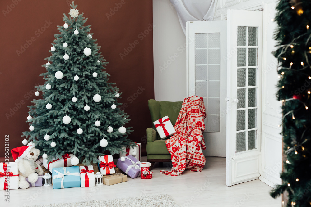 Christmas tree with gifts decor New Year's Eve winter background 2021 2022 Christmas tree with gifts decor New Year's Eve winter background 2021 2022