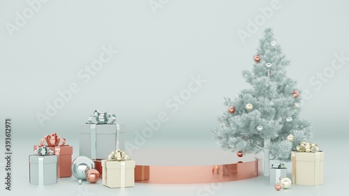 Glossy red pedestal and a Christmas decorated fir tree surrounded by gifts and balls. product advertising stand, christmas concept. Reflected lights on stage surface