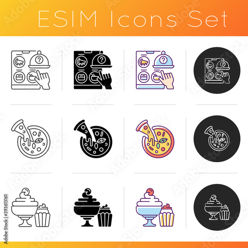 Online food ordering icons set. Choosing restaurant. Pizza. Desserts. Virtual restaurant. Italian origin dish. Junk foods. Linear, black and RGB color styles. Isolated vector illustrations