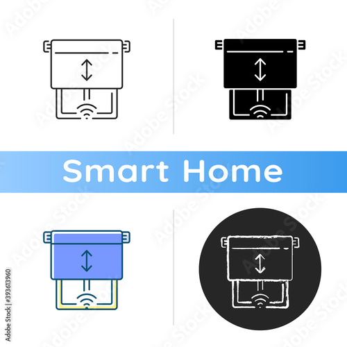 Window blinds sensor icon Remote house controlling system. Smart home devices for windows. Wireless connection to app. Linear black and RGB color styles. Isolated vector illustrations