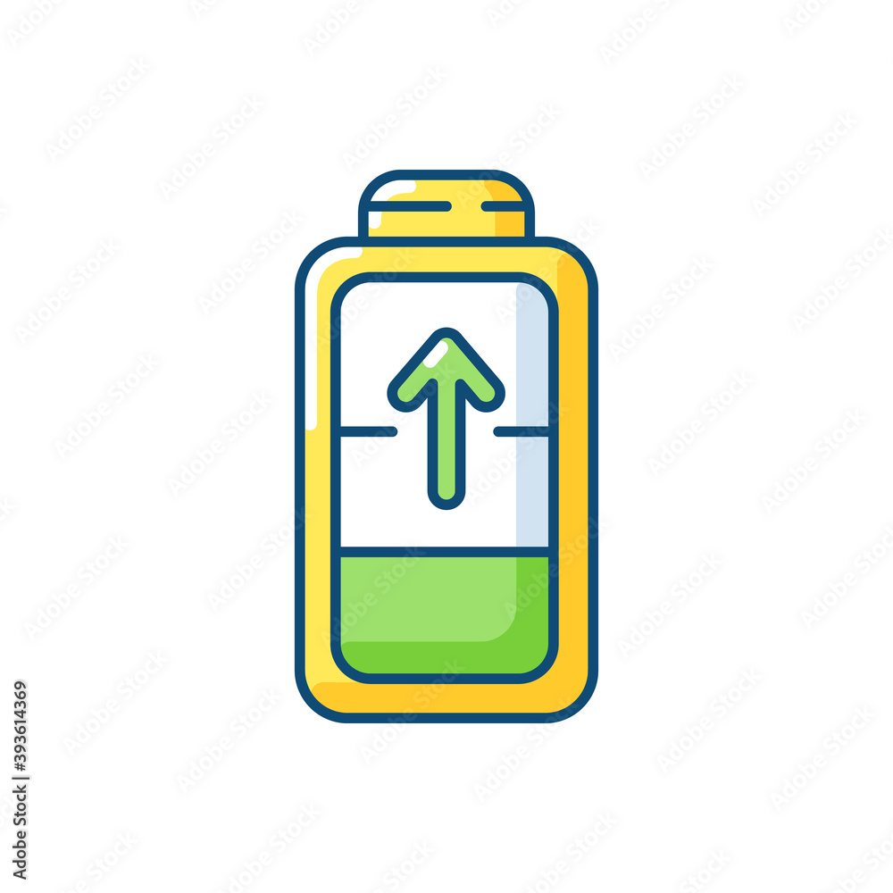 Obraz premium Battery charging process RGB color icon. Different devices working time. Electricity incoming process. Getting full system lifecycle. Isolated vector illustration
