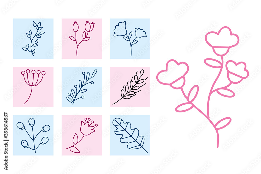 leaves and branches icon set, line style