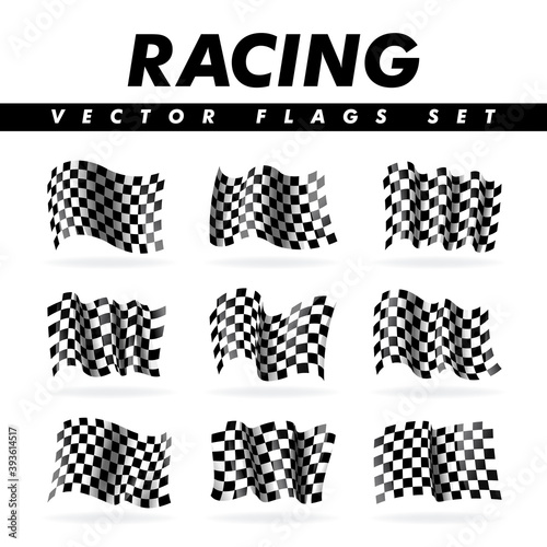 Checkered racing flags set. Modern illustration. Wavy black and white flags.