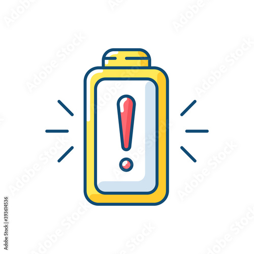 Battery working process risk RGB color icon. Devices chargers working issues. Dangerous power encreasing. Percentage level. Isolated vector illustration