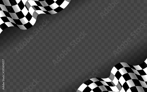 Banner with waving checkered flag along the edges on a transparent background. Vector illustration