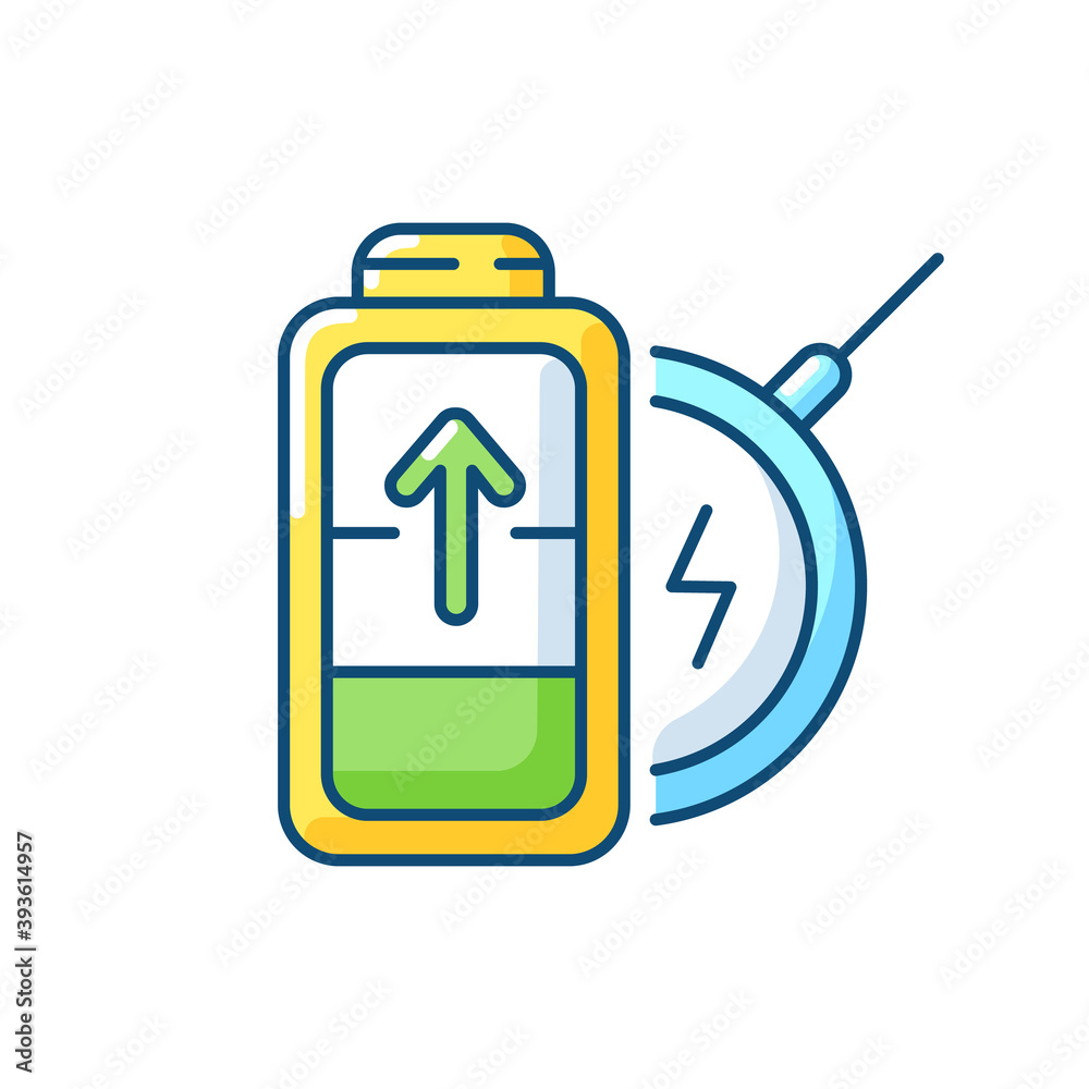 Obraz premium Battery wireless charging RGB color icon. No long cables. Innovational device usage. Getting electricity with modern technology. Isolated vector illustration