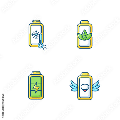 Different battery modes RGB color icons set. Low temperature troubles. Percentage saving function. Low power device. Isolated vector illustrations