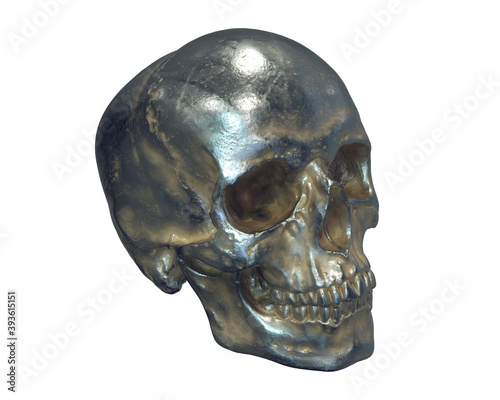 3D illustration of metallic human skull isolated on white background