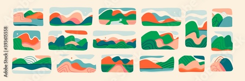 Mountains, river, lake, hills, sky view. Abstract design. Cutout style. Various landscapes. Big Set of hand drawn trendy Vector illustrations. Wallpaper Templates. Different backgrounds. Pastel colors