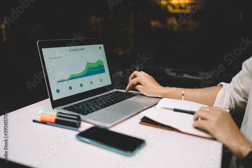 Unrecognizable female It professional working with displayed graph charts editing web information during freelance distance job, cropped woman checking data infographics on modern laptop computer