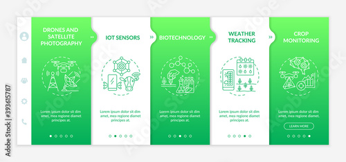 Innovative agriculture technology onboarding vector template. Biotechnology ideas. Weather tracking device. Responsive mobile website with icons. Webpage walkthrough step screens. RGB color concept