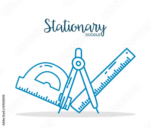 stationary concept, conveyor, compas and ruler, doodle line style