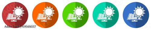 Sun over solar panel vector icon set, red, blue, green and orange flat design web buttons isolated on white, vector illustration