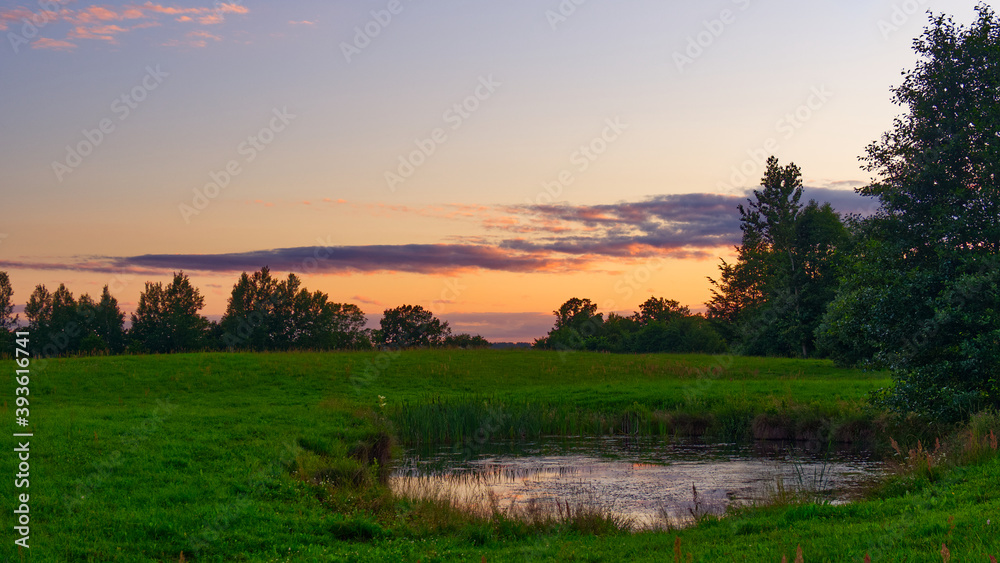 Panoramic Polish countryside landscape with a pond on the pasture in foreground and a trees and golden sky in the background.