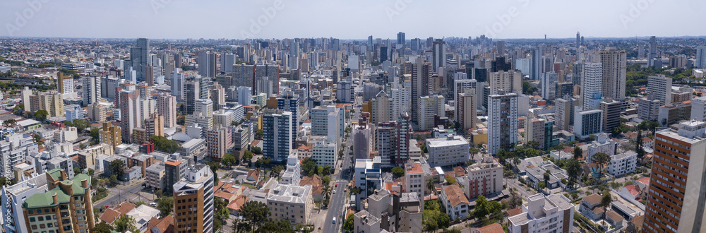 General drone view of downtown Curitiba, capital of Paraná state, Brazil, with its buildings