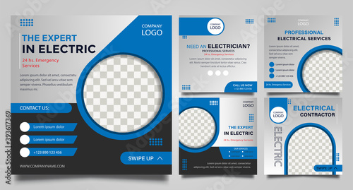 Electrical service social media post templates. promotion square web banner. Special offer banner. Sale and discount backgrounds. Modern vector design. Vector illustration.