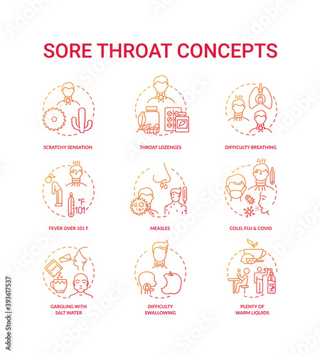 Sore throat concept icons set. Cold  flu and covid idea thin line RGB color illustrations. Scratchy sensation. Warm liquids. Difficulty swallowing. High temperature. Vector isolated outline drawings
