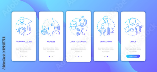 Viral raw throat causes onboarding mobile app page screen with concepts. Cold, flu and covid walkthrough 5 steps graphic instructions. UI vector template with RGB color illustrations