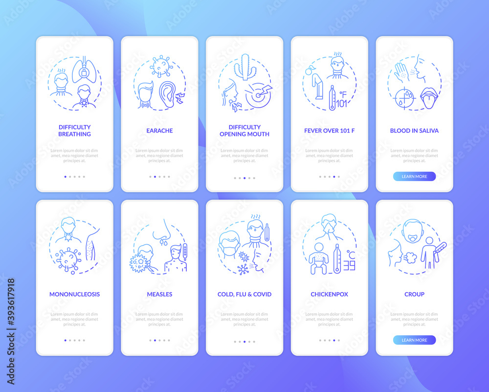 Raw throat complications onboarding mobile app page screen with concepts set. Influenza causes walkthrough 5 steps graphic instructions. UI vector template with RGB color illustrations