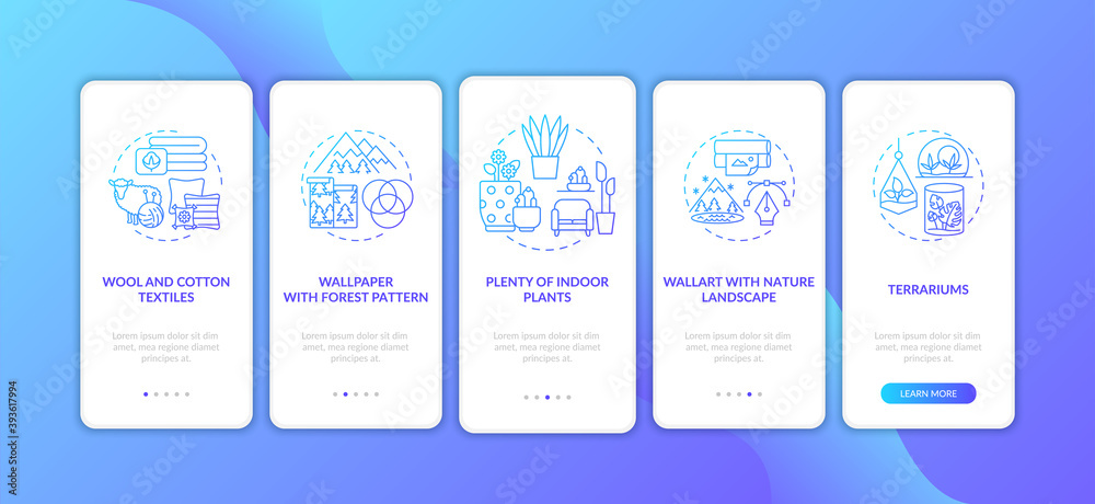 Living space with greenery blue gradient onboarding mobile app page screen with concepts. Biophilia walkthrough 5 steps graphic instructions. UI vector template with RGB color illustrations