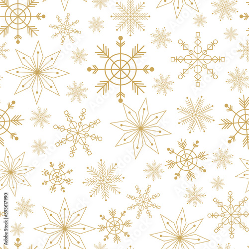 Vector yellow gold winter snowflakes seamless pattern print background.