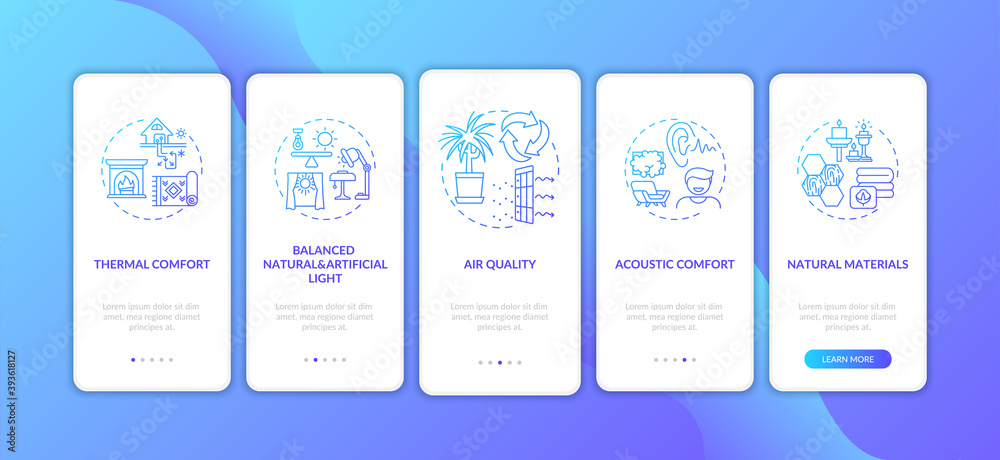 Comfortable home blue gradient onboarding mobile app page screen with concepts. Indoor space walkthrough 5 steps graphic instructions. UI vector template with RGB color illustrations