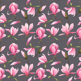 Floral seamless pattern with magnolia flowers. Watercolor elements on a gray background.