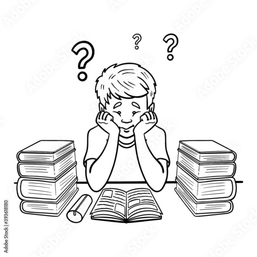 student sits in front of books. question mark, homeschooling, desperate. monochrome, comic, outline.