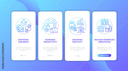 Indoor environment blue gradient onboarding mobile app page screen with concepts. Reduced absenteeism. Office walkthrough 5 steps graphic instructions. UI vector template with RGB color illustrations
