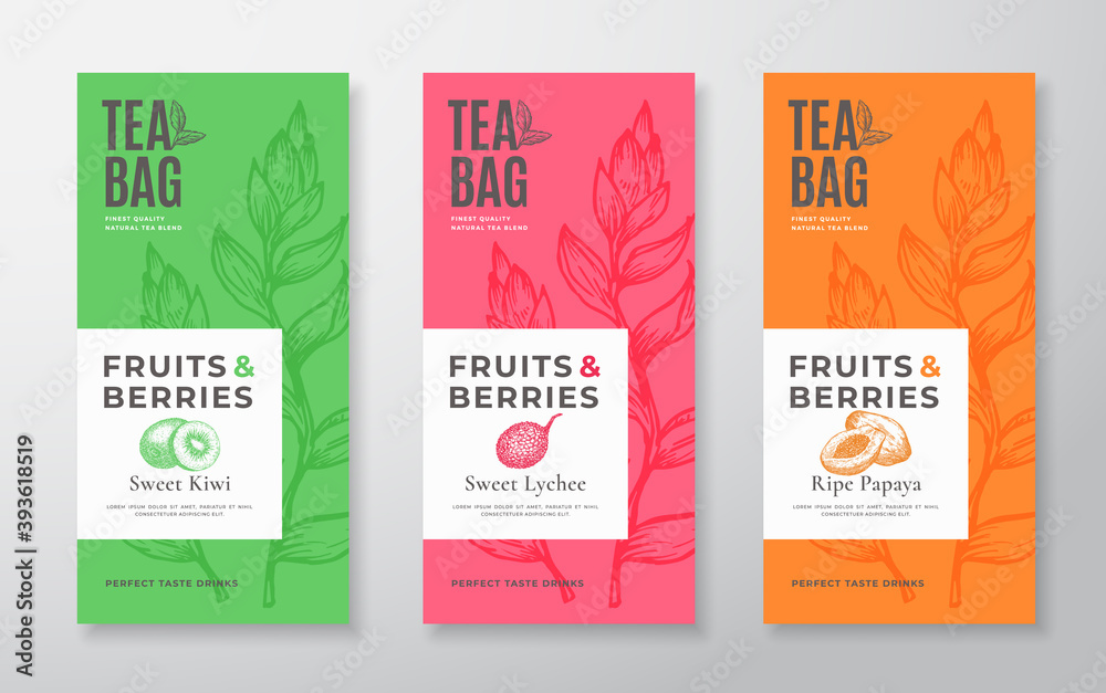 Exotic Fruits Tea Labels Set. Abstract Vector Packaging Design Layouts Bundle. Modern Typography, Hand Drawn Tea Leaves, Kiwi, Lychee and Papaya Silhouettes Background. Beverage Banners. Isolated