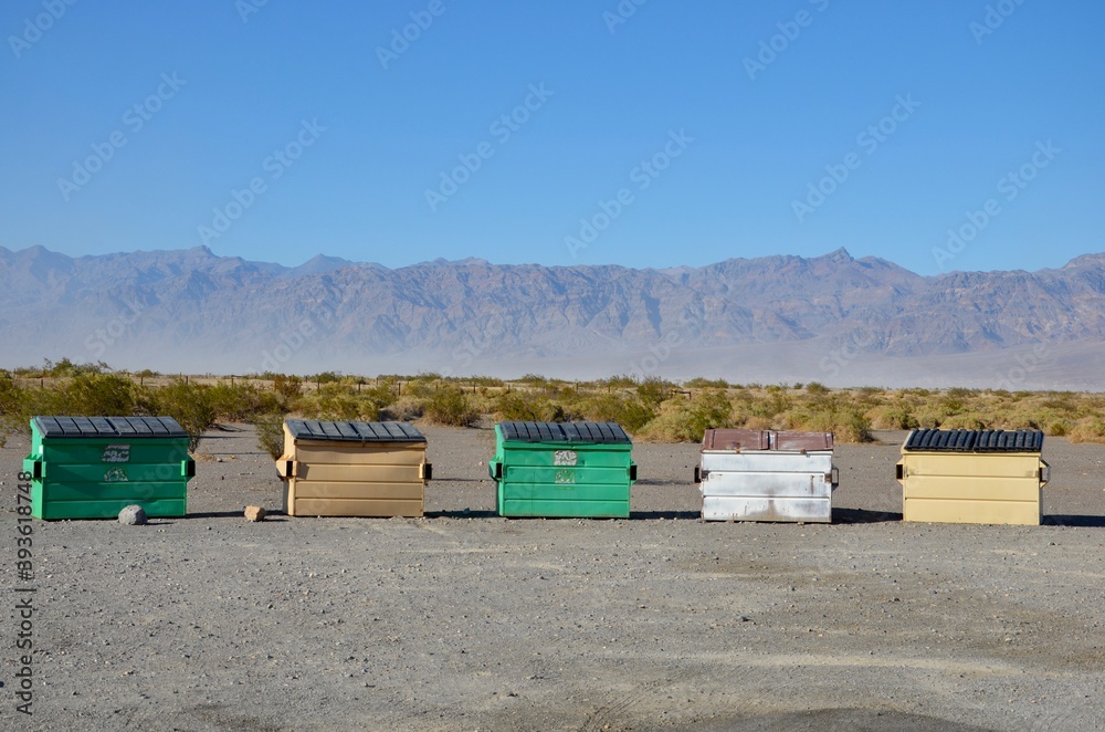 Colorful waste containers on a campground in Stovepipe Wells in California, Death Valley National Park