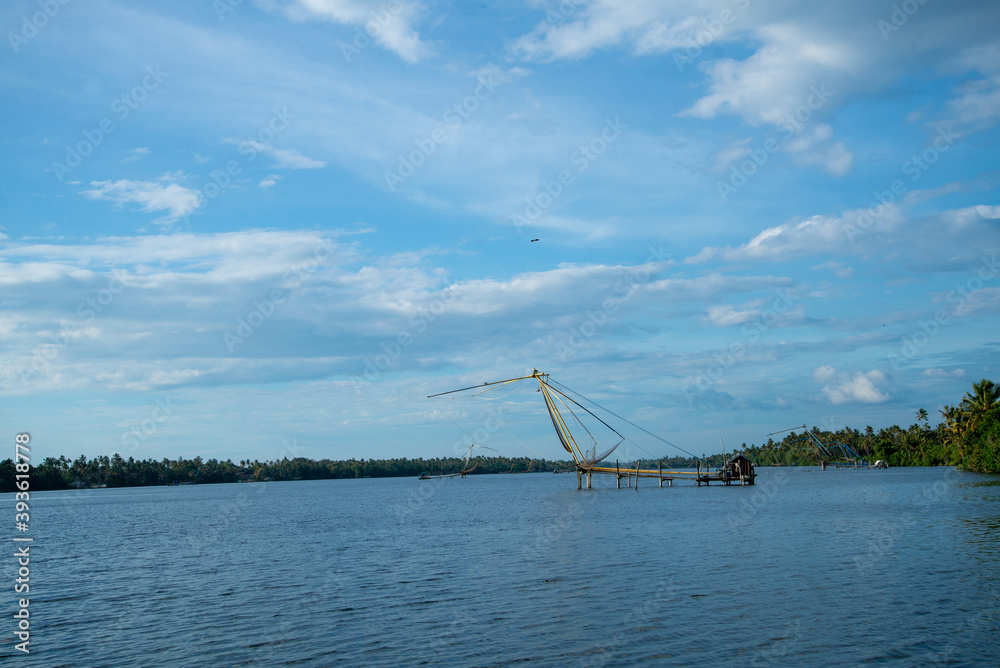 Beautiful river photography with Chinese fishing net, Blue sky and blue river, nature photography