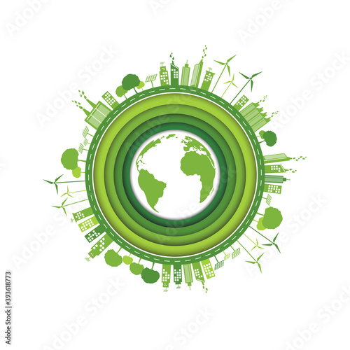 World Environment and Green city design for sustainability and Eco friendly concept with paper art background style