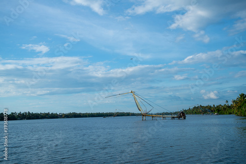 Beautiful river photography with Chinese fishing net, Blue sky and blue river, nature photography