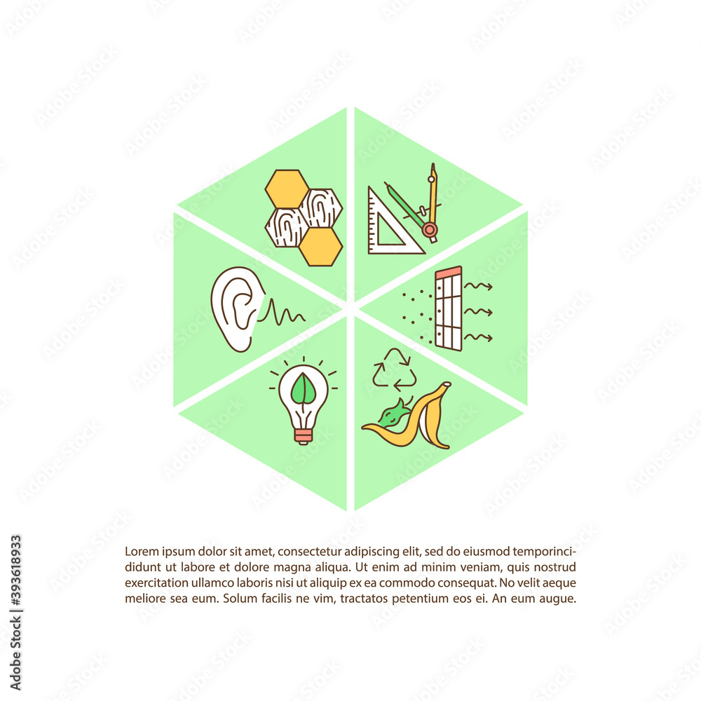 Fototapeta premium Comfortable living and working space concept icon with text. Ergonomics in house construction. PPT page vector template. Brochure, magazine, booklet design element with linear illustrations