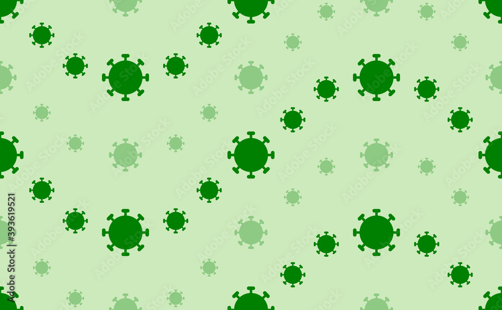 Seamless pattern of large and small green coronavirus symbols. The elements are arranged in a wavy. Vector illustration on light green background Seamless pattern of large and small green coronavirus symbols. The elements are arranged in a wavy. Vector illustration on light green background