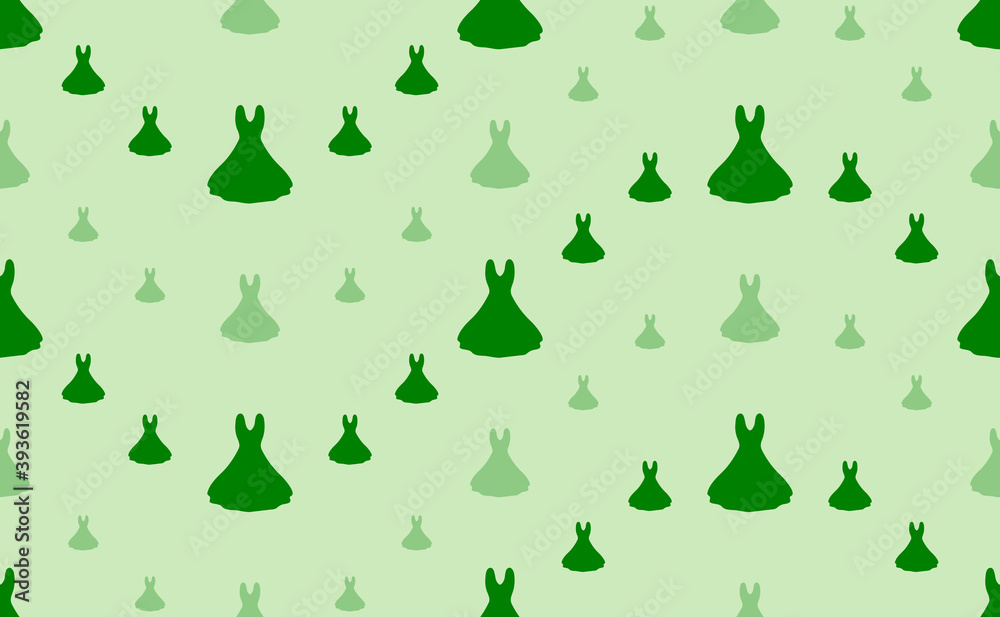 Seamless pattern of large and small green flared dress symbols. The elements are arranged in a wavy. Vector illustration on light green background