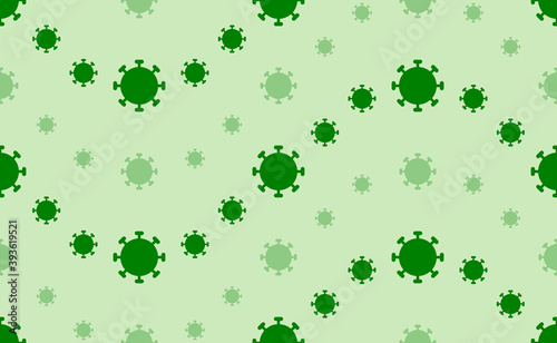 Seamless pattern of large and small green coronavirus symbols. The elements are arranged in a wavy. Vector illustration on light green background