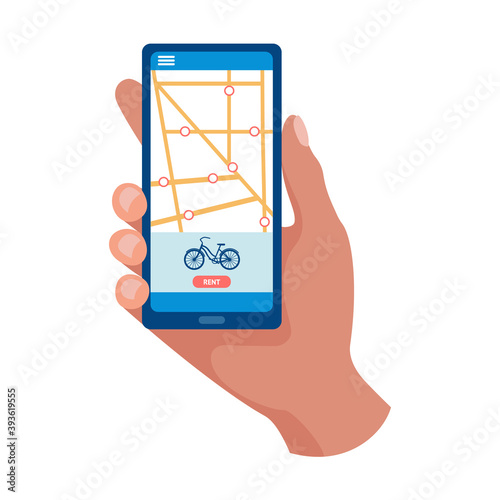 Hand holds smartphone with bike sharing app. City public bike sharing system on a mobile device. Vector illustration.