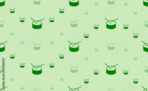 Seamless pattern of large and small green drum symbols. The elements are arranged in a wavy. Vector illustration on light green background