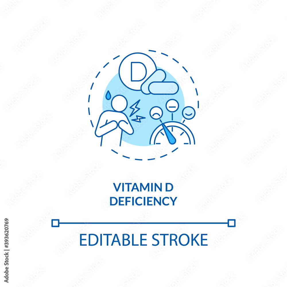 Vitamin D deficiency concept icon. SAD cause idea thin line illustration. Getting rickets risk. Bone pain and muscle weakness. Vector isolated outline RGB color drawing. Editable stroke Vitamin D deficiency concept icon. SAD cause idea thin line illustration. Getting rickets risk. Bone pain and muscle weakness. Vector isolated outline RGB color drawing. Editable stroke