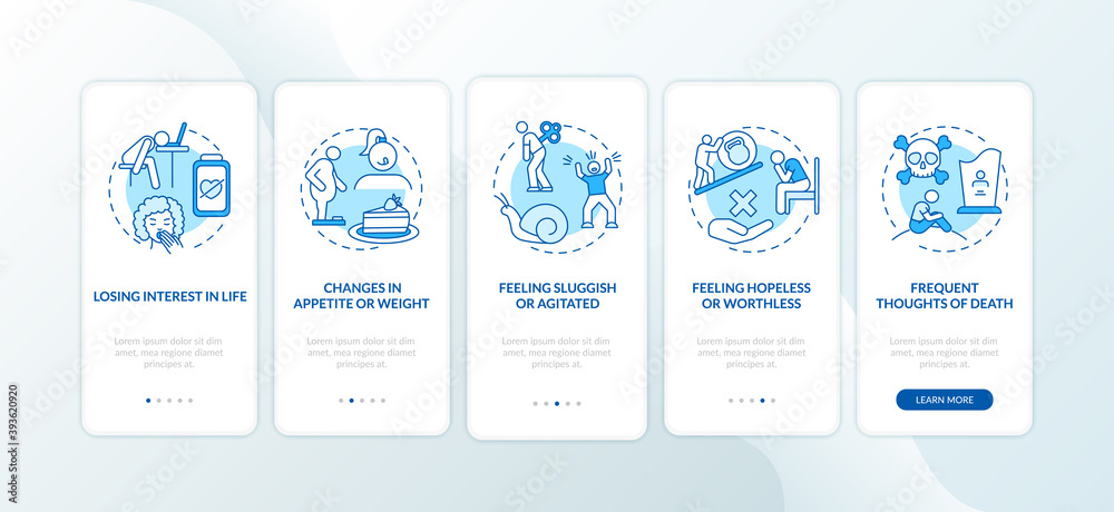 SAD signs onboarding mobile app page screen with concepts. Losing interest in life, feeling agitated walkthrough 5 steps graphic instructions. UI vector template with RGB color illustrations