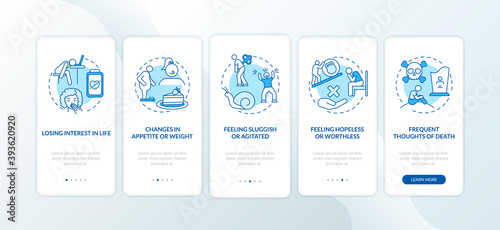 SAD signs onboarding mobile app page screen with concepts. Losing interest in life, feeling agitated walkthrough 5 steps graphic instructions. UI vector template with RGB color illustrations