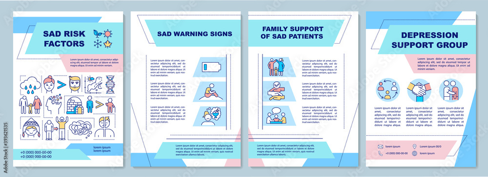 Sad risk factors brochure template. Sad warnings signs. Flyer, booklet, leaflet print, cover design with linear icons. Vector layouts for magazines, annual reports, advertising posters