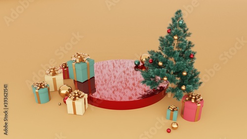 Glossy red pedestal and green Christmas decorated fir tree surrounded by gifts and balls. product advertising stand  christmas concept. Reflected lights on stage surface