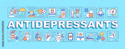 Antidepressants concepts banner. Professional depression medical help. Infographics with linear icons on cyan background. Isolated typography. Vector outline RGB color illustration