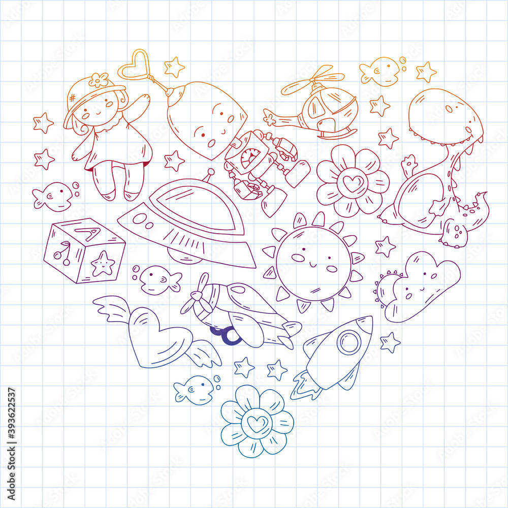 Kindergarten, toys vector pattern. Little children creativity and imagination. Online education, educational games.